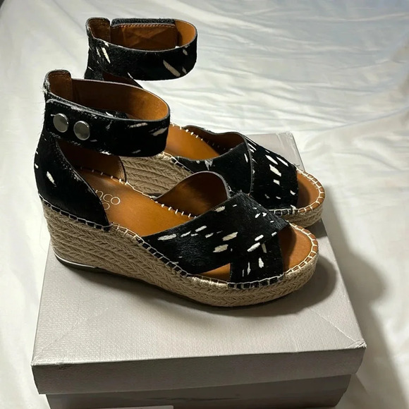 Franco Sarto Carma Black White Pony Calfhair Leather Wedge Sandals - Picture 2 of 13